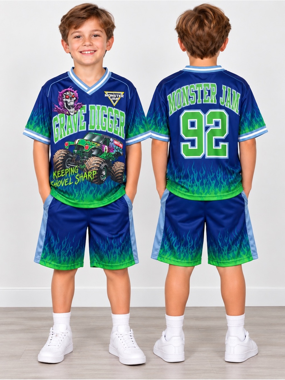 NWT Monster Jam Grave Digger Boys XL 14/16 Shirt Shorts Set Blue Green